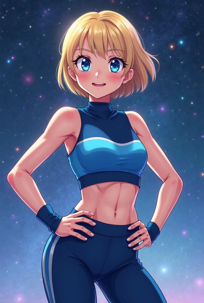 ((Masterpiece)), ((Best Quality)), (Detailed face:1.2), (Detailed eyes:1.2), (Detailed pupils:1.2), (Agile figure:1.2), Ultra High Resolution, HDR, absurderes, 8K, (1 girl), intricate details, ultra-detailed, dramatic lighting, solo, 1girl, 22 years old, short blonde hair, blue eyes, shiny purple leotard, she's a gymnast, gorgeous girl, gorgeous body, calm smile, looking at viewer, daytime ambiance, lens flare, expressive eyes, lively atmosphere, joyful expression, impeccable makeup, glossy lips, twinkling eyes, sunlit scene, whimsical feeling, standing,