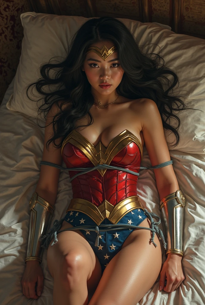 Wonder Woman is on the bed. Facing upword, close her eyes. With white liquide on her face. sitting on a man's waist.