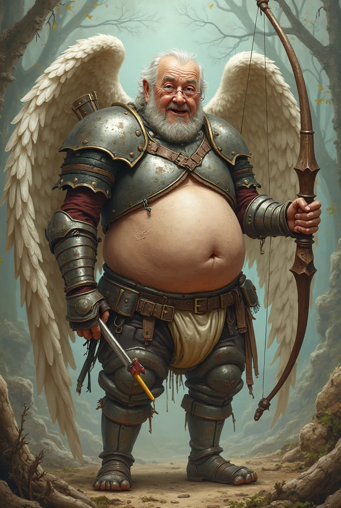 Cute fat warrior，holds a spear，There are wings on the back