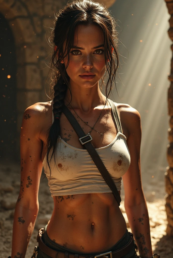 8K ultra-realistic, highly detailed artwork , depicting a stunningly beautiful and alluring young Lara Croft in her signature attire, exuding a sexy appeal within a Maya artifact scene. Ensure intricate skin details, HDR lighting, and ray tracing effects, striving for an art piece reminiscent of a renowned artist's style, aiming for maximum visual allure and lifelike realism."