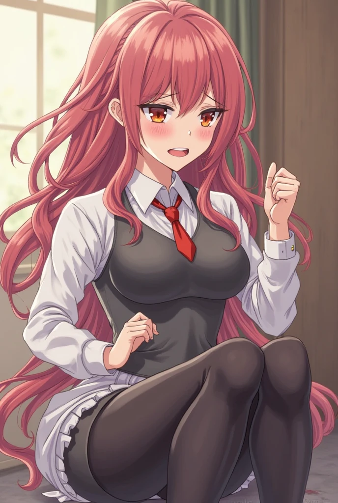 masterpiece, best quality, 1girl, rindou kobayashi, red hair, long hair, yellow eyes, school uniforms, detailed background