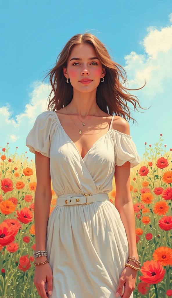 A woman solo in a white dress. Summer, nostalgic, simple and beautiful color scheme, flat color, flowers, chic, red flowers, brown hair