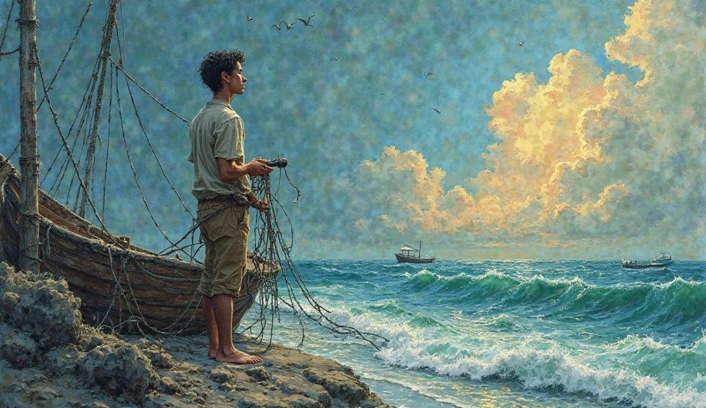 a young man who was sailing in the middle of the ocean and was repairing his small boat which had many holes patched up