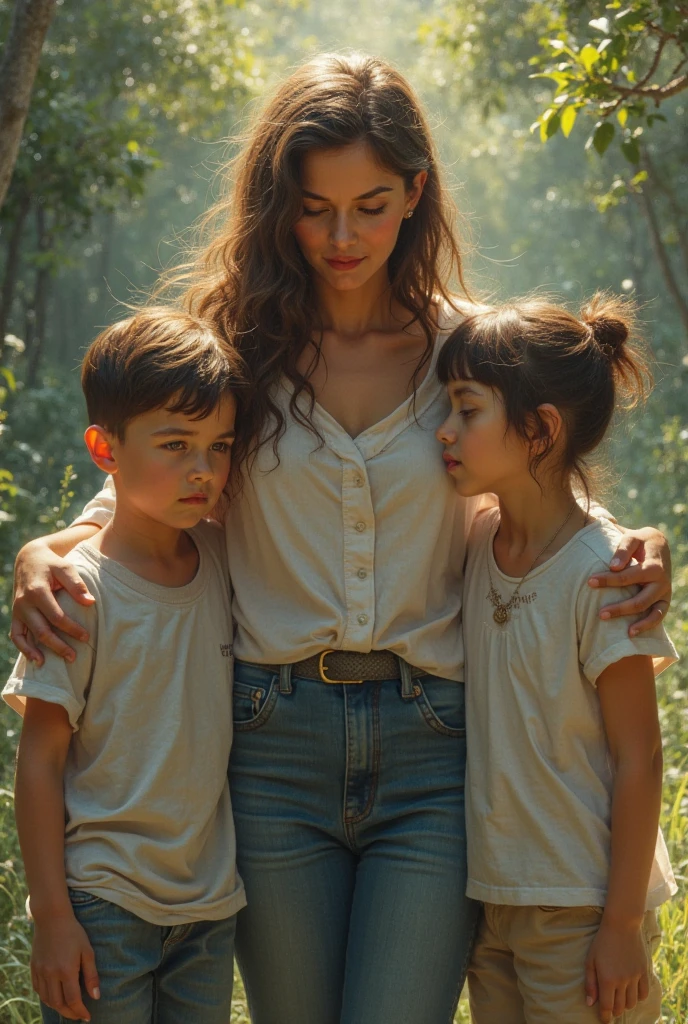 mother and two young children aged 3 and 5 deep in a jungle