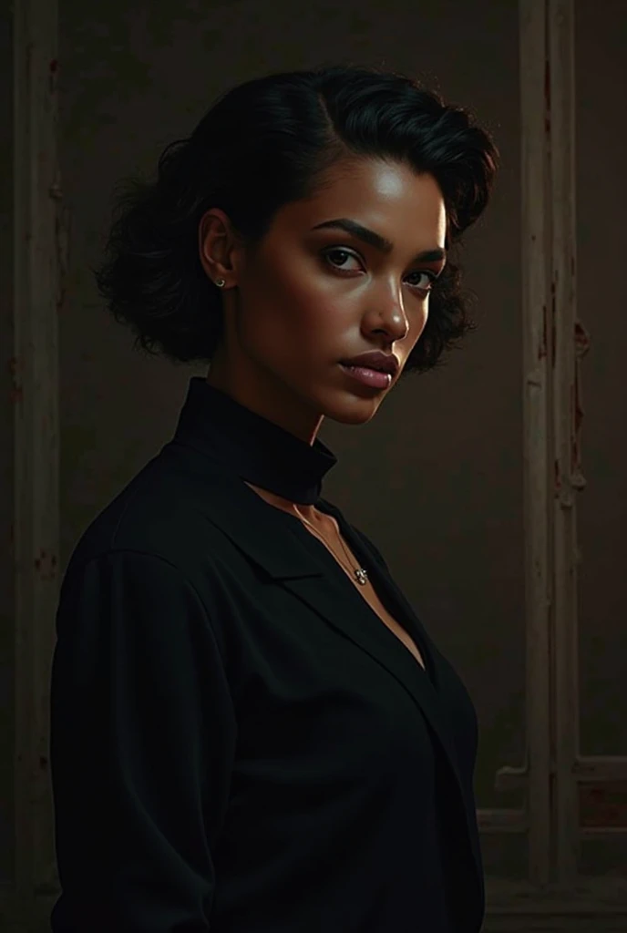 (full body shot), (authentic expressive eyes: 1.2), An exquisite portrait of panam palmer, the photograph captured in stunning 8k resolution and raw format to preserve the highest quality of details. The woman's beauty is undeniable. She wears her signature jacket with nothing underneath, seductively showing her cleavage, (her eyes are portrayed with meticulous attention to detail: 1.3), showcasing the captivating depth within her eyes. The photograph is taken with a lens that emphasizes the gentle smile in her eyes, and the backdrop is a warm dark studio setting that enhances the muted colours of the scene. The lighting and shadows are expertly crafted to bring out the richness of her ebony skin tone and the subtle nuances of her features. Her pure black hair compliments her ebony skin. The interior setting adds a sense of intimacy. The overall composition captures her essence with authenticity and grace, creating a portrait that celebrates her heritage and beauty. Photography utilizing the best techniques for shadow and lighting, to create a mesmerizing portrayal that transcends the visual, slightly tilted head, (extreme eye details: 1.4)