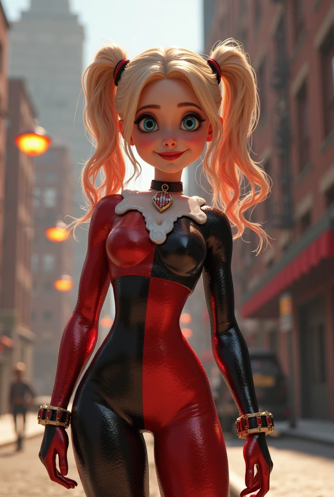 A 10 year old girl. ponytail. blonde. wide hips. harley quinn cosplay. clown. Huge bulge