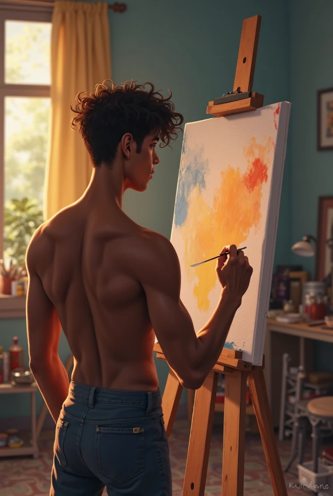 The beauty, strength and masculine power in images over time artistic style The Abstract Artist Environment: art studio, surrounded by paintings and sculptures.
pose: Standing in front of a canvas, holding a paintbrush, showing a creative hand.
action: Painting an abstract work.
Expression: creative, passionate, with a concentrated look.
Physical Characteristics: Intellectual face, messy hair, slim and creative body.