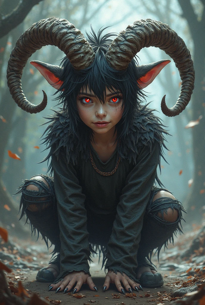 tick grass, garoto (lenda )feet facing backwards with clothes made of green leaves, cabelo vermelho, sorriso evil , motado um porco do mato gigante, alto nivel de acabamento, luz e sombra, blue neon smoke, lindo, explosion of pleasure, featured on amiami, demon horns, alicization artgerm ---ar 9:16 Nijie