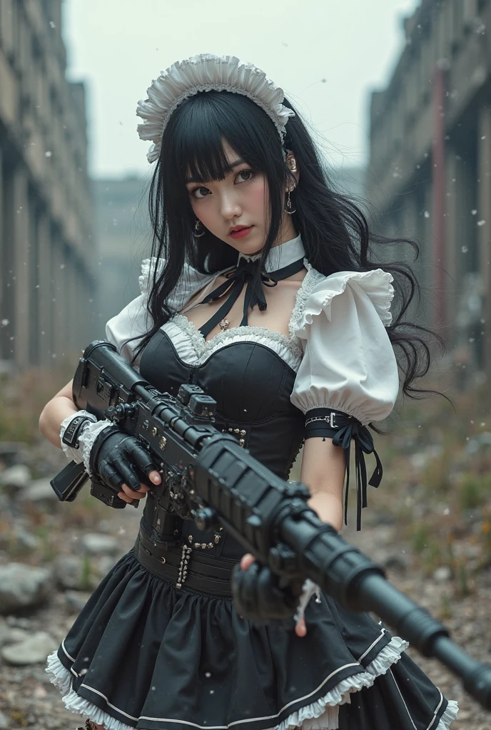 High resolution、8k、Raw photo、whole body、Beautiful Teenage Woman、One Japanese woman、Medium chest、Semi-long hair of black color、Wear a black Lolita chiffon blouse、Wear a black steampunk corset、Wear a black gothic mini skirt、(aiming at viewer,gun)