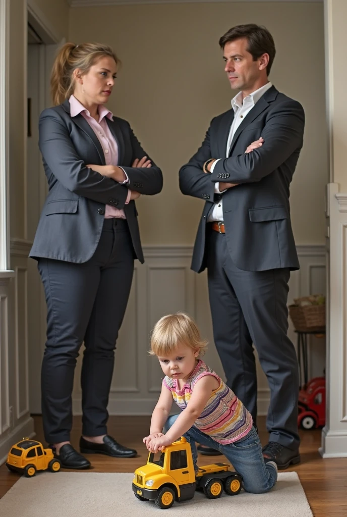 A blonde woman wearing business suit and black pumps sitting on a sofa with her legs crossed letting a boy kiss shoes