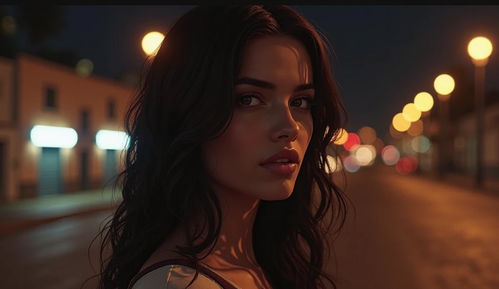 uma mulher sentada no meio da rua com um carro no fundo iluminando ela com o farol
