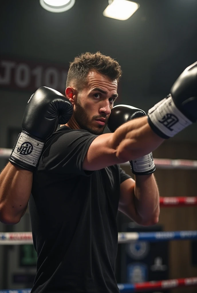 Young Caucasian school boxer, 18-year-old, Mohawk Short Hair, Black Hair, Intense green eyes fixed, Strong gaze, Related Features, No beard, Height 1.90, Weight 96kg, Muscular, Broad shoulders, V-shaped body, Full Body Focus, Completely hairless,