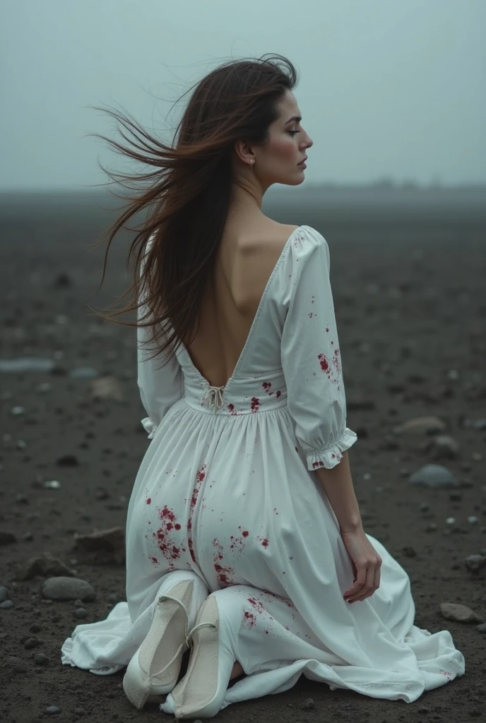A red-haired white girl with light blue eyes in a beautiful white dress covered in dripping blood on her back in the middle of nowhere 