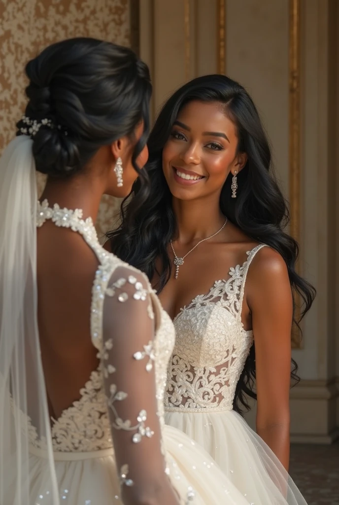 ( realistic paint) A beautiful African woman, fair in complexion with a long straight
hair on a big white wedding gown standing admiring her wedding gown and smiling her mother hugging her from behind with a smile