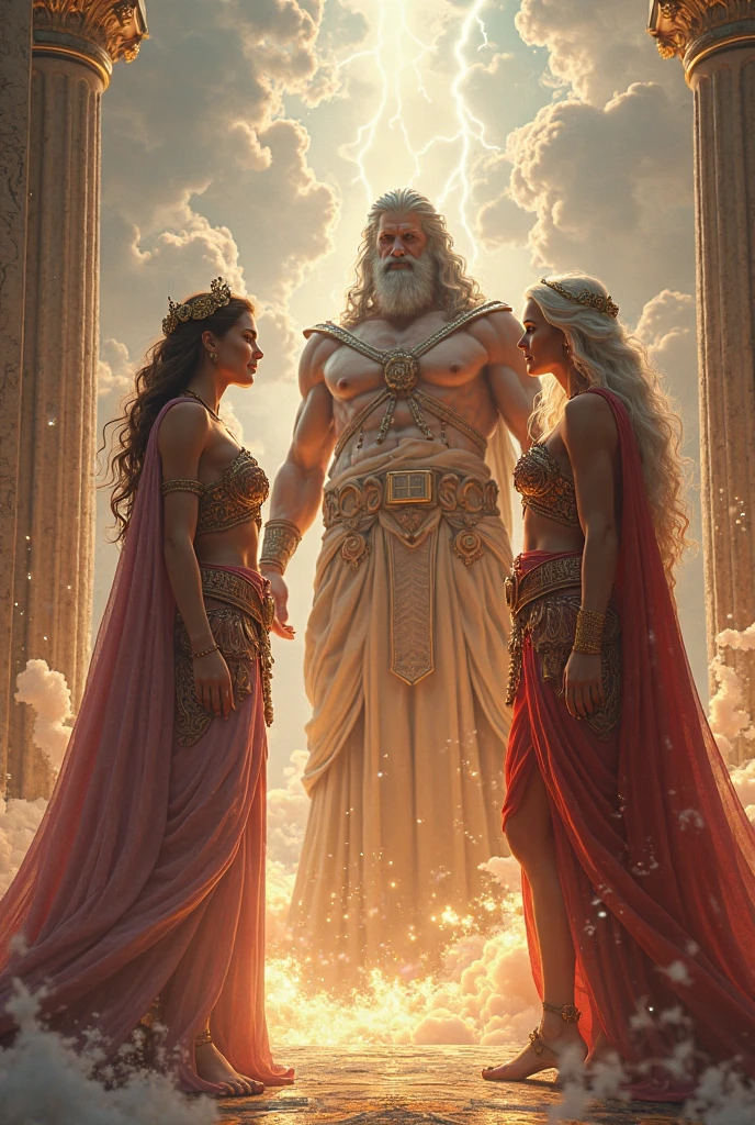 Create an image with the goddess Persephone in the middle and Zeus and Apollo beside her., only her and the two. Leave Zeus at the same height as Apollo