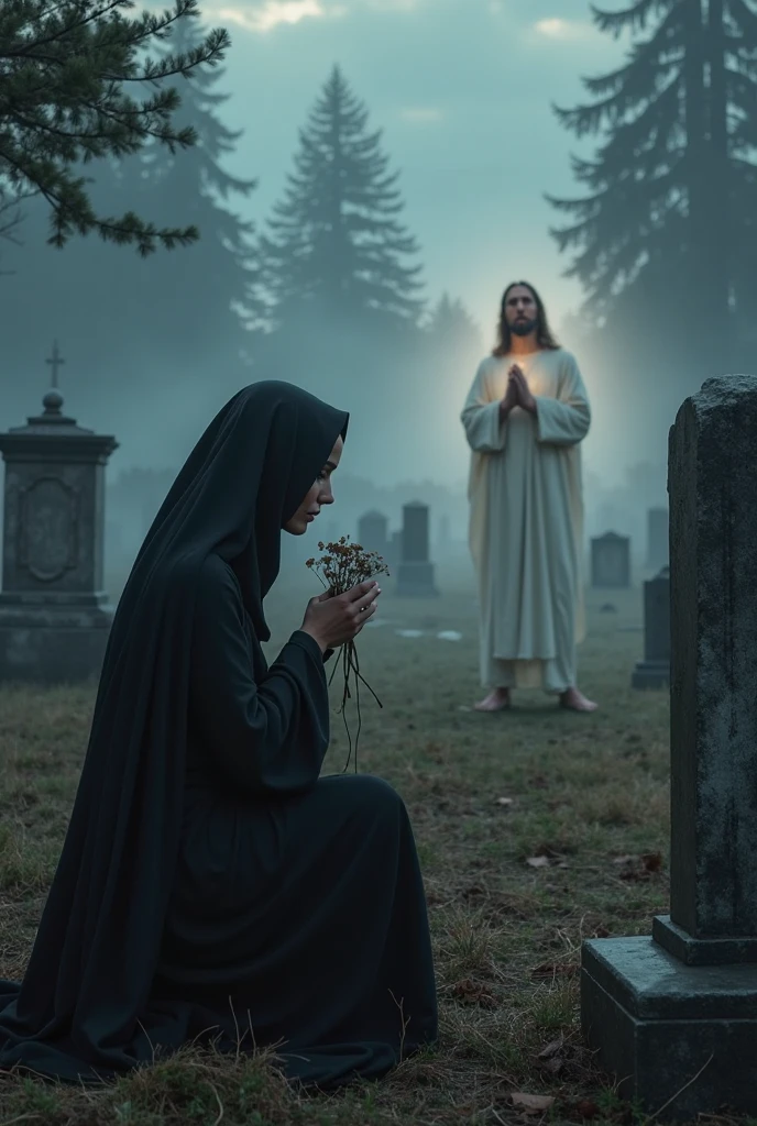 The silhouette of a bride, sitting, with a long veil, older, with a wilted bouquet sitting on a grave in the cemetery, with a gloom and ghostly lighting