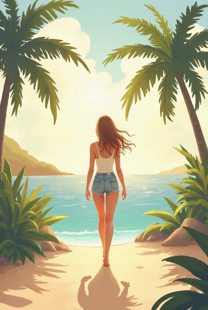 Super good picture quality,Realistic style,Wear a bikini top on the upper body,Wear jeans on the bottom,Wear small white socks on your feet,beachside