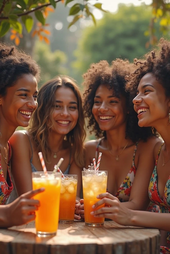 An African woman with an Asian woman and an American woman eating a pizza in Brazil