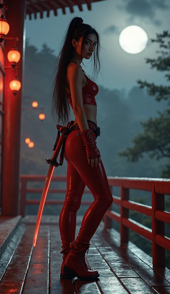 An ultra hot gorgeous European woman, age 23, in action pose, she’s holding a katana. Body covered of blood and blood splatter. She’s full of fury and anger. Outside, in the snowy streets of a town after a disaster. Flames, heavy smoke.