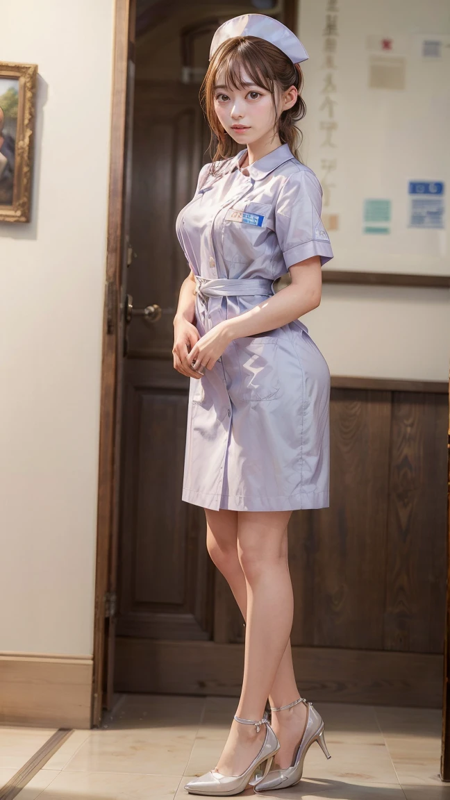 Highest quality、masterpiece、8K、Very detailed、Realistic、50 years old、Wrinkles around the eyes、Wrinkles around the mouth、One person、Looking at me with a smile、whole body、Big Breasts、Erect nipples、Thin and beautiful legs、Nurse uniform、skirt、Nurse cap