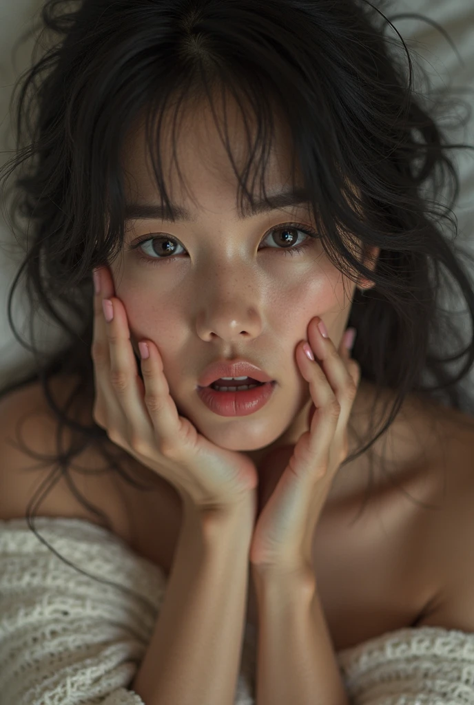 (Highest quality,Cowboy Shot:1.2),(Perfect beautiful face:1.2),(Perfect and beautiful posture:1.2),(alone,A mature Japanese woman lying in bed.,(throw_strangle:1.5),((Long Hair), (Confused:1.3,Embarrassing), Shyness:1.1),((Flat Chest:1.5)), (Sweaty, Sunburned skin),((Open your mouth:1.3)),View your viewers,Bedroom,((Frightened expression,The pupils constrict:1.3,tears)),Sexy Bikini,Browsing Caution,((Cum on face,facial:1.5))