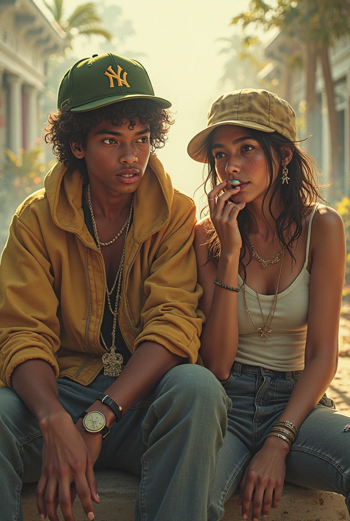 A retro-inspired image capturing the spirit of a happy couple, the man's afro hair and yellow shirt complementing the woman's red shirt, seated on a vintage couch, surrounded by a classic ambiance, Photography, vintage film camera with a 50mm lens, --ar 16:9 --v 5