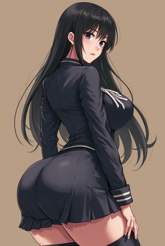 ((1girl)), perfect face, atago, black hair, long hair, brown eyes, animal ears, ((dark background)), ((facing forward)), cowboy shot, lustful smile, in the center, ((giant breasts)), ((bending over)), ((hands on hips)), perfect hands, correct number of fingers, ((white uniform, white garter belts, white miniskirt))