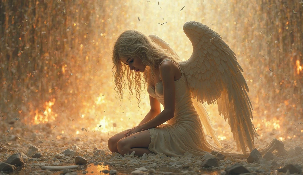 a woman with angel wings, in a white dirty torn dress with bandages on her arms and legs, sitting on a ledge, sitting against the background of yellow and blue lights, rain, muted colors, bokeh ((masterpiece, best quality)), high detail, detailed face, blood particles, full body