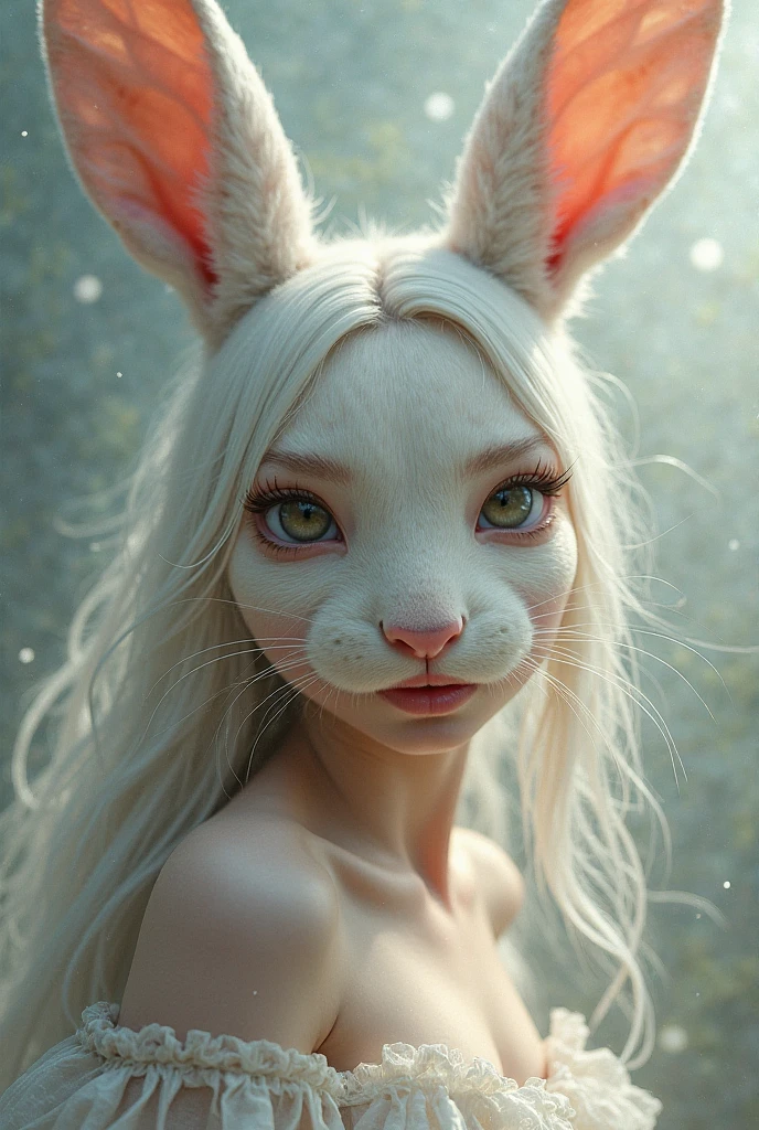 one girl, fox ears, , pure, cute naked, topless, a animal human Mix, human Body, big tits, furry skin, hairy nose , whiskers ,big eyes, fur, animal eyes, hybride 30 %rabit an 70 % human
