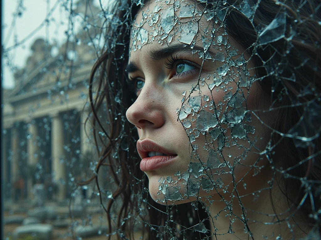 battle damage , missing arm ,bright yellow eyes, ultra-detailed,vibrant colors,sci-fi,portrait,dramatic lighting,detailed facial features,dark background,long hair,glowing eyes,futuristic clothing,expressionless face,metallic texture,bright highlights,high contrast,radiant colors,artificial intelligence theme,sharp focus,technological elements,shadows and highlights,ethereal glow,neon lights,stormy atmosphere,otherworldly setting,unconventional composition,sharp lines,sleek design,mysterious atmosphere,unearthly beauty,digital enhancements,advanced technology,glowing circuitry,abstract background,ominous presence,subtle reflections,energetic pose,unique perspective,foreshortening effect,symmetrical composition,imposing presence,dynamic energy,striking visual impact,translucent overlays,organic and mechanical fusion.