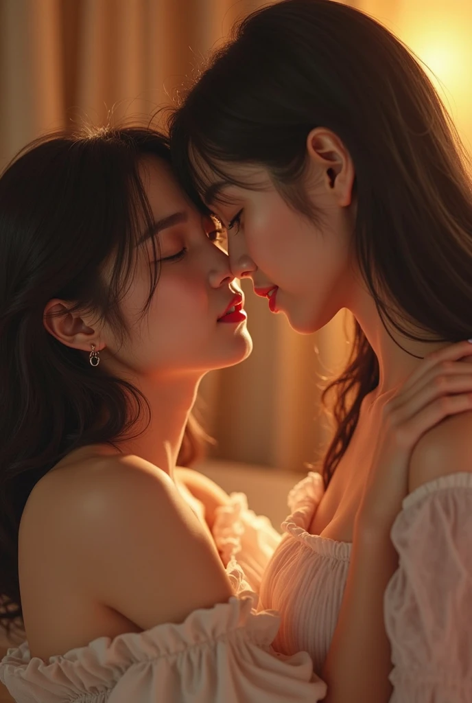 Generates two lesbian Korean ladies kissing with tongue