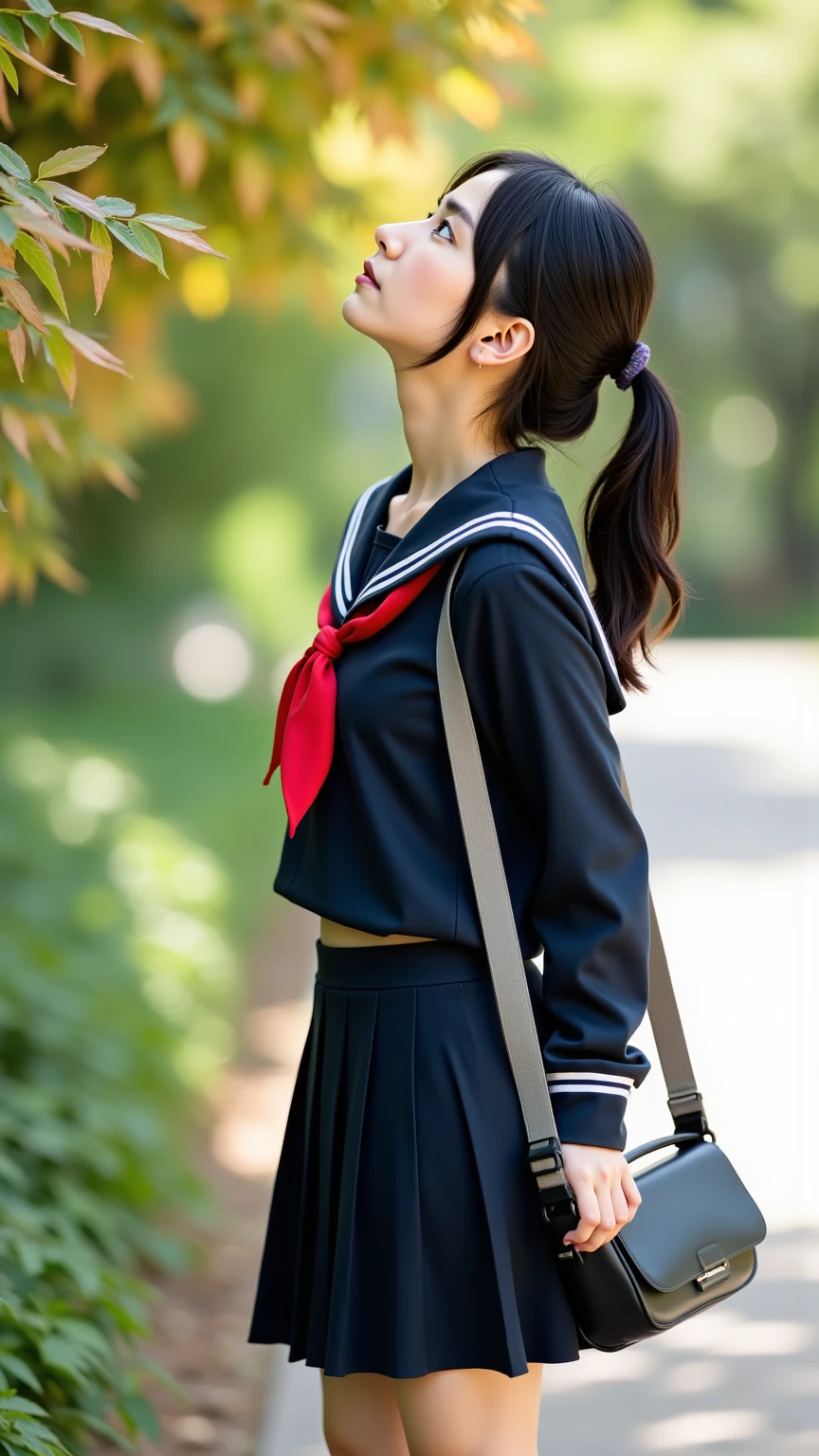 (((cowboy shot))),Ultra-high resolution,big eyes,((brown eyes)),Japanese,(forehead),(a girl),(1 girl),((17 years old)),(cute),pretty,((facing at viewer)),arms behind back,grin,((black school sailor uniform))