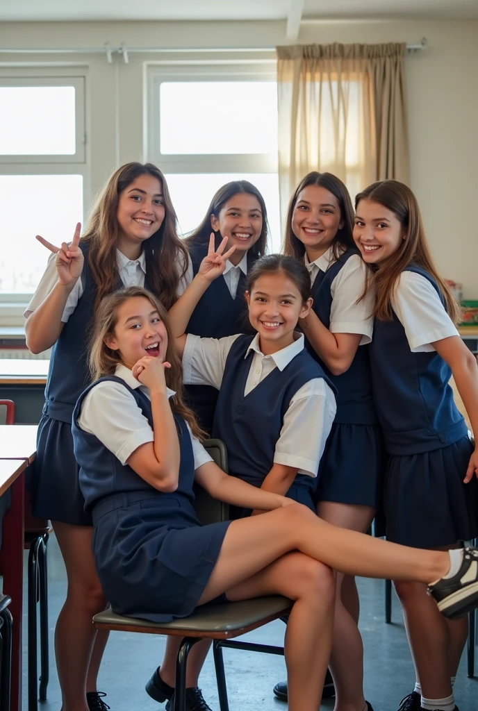 kids, girls in school uniform, high socks, very short mini skirt, thong, panties, in a classroom with posters, rainbow, teddy bear, ass