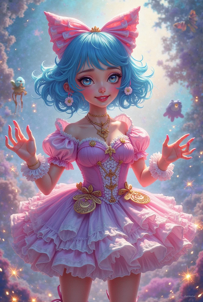 a beautiful 20 year old black woman with big messy hair, Afro, in a blue dress, white stockings, black headband, cleavage, holding a glowing mushroom, fantasy art style, rossdraws cartoon vibrant, alice x. zhang, alice in wonderland cyberpunk, cute detailed digital art, colorfull digital fantasy art, digital fantasy art ), glossy digital painting, rossdraws pastel vibrant, rossdraws 2. 5, rossdraws 1. 0