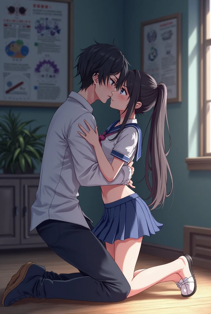 Anime girl in short school uniform and big breasts on all fours with an excited face and her mouth lying between a boy's legs
