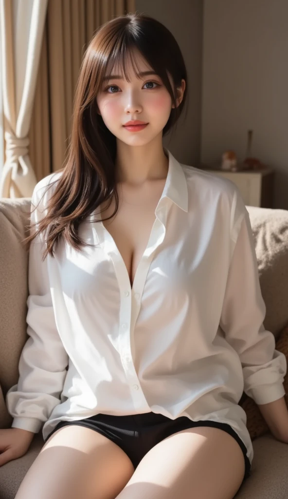 top-quality、Top image quality、​masterpiece、fully body photo、25 years old women, 、Dark brown wavy middle hair、bangss、((White Coat of Doctor、Long sleeve white shirt with collar、Black Pencil Skirt、Stockings、With a stethoscope、Kamimei))、 ((no-bra、Puffy nipple、chest is completely visible、Visible))、Sexy pink panties、soft boob、breasts of medium size,、high-heels、a necklace、耳环。 cute smile face、Sit in a chair and look up、((I can see all my panties、Rub your chest with both hands、Touching the crotch))