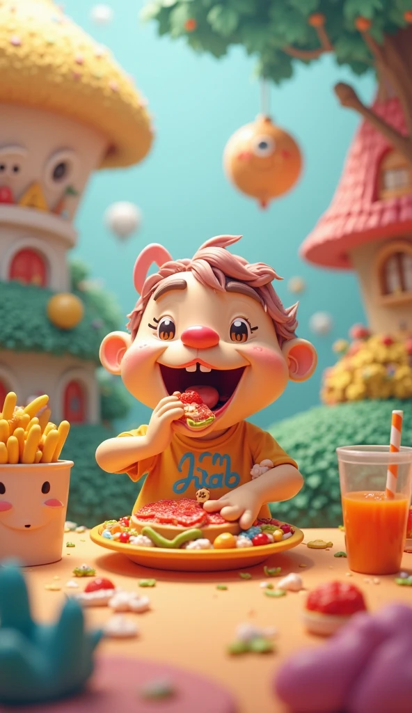 A gluttonous child eating sweets, pizza, Soda, cakes