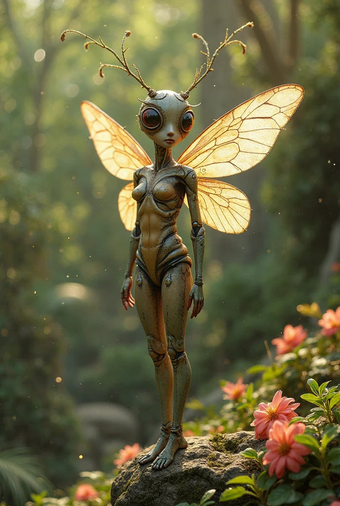 Grotesque insectoid mutant half woman, half jewel beetle,full body photo, field, god rays, Golden hour. Multifaceted eyes, proboscis mouth, undersized exposed heart, writhing in agony