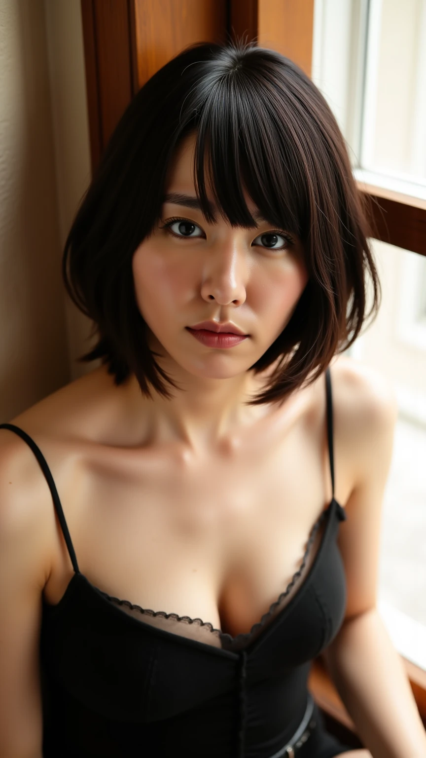 ((Best Quality, 8K, masutepiece :1.3)), (Sharp Focus:1.2), (Japanese MILF that could be found anywhere.:1.2), (45yo:1.2), (amateur:1.3), A MILF, ((bra)), downbrouse, ((Leaning forward)), (Huge breasts), (chuckle:1.1),  Highly detailed face and skin texture, Detailed eyes, (Round face:1.4), (Indoors in japan:1.4), (Dark room at dusk:1.4), (Shades of light and shadow:1.2)
