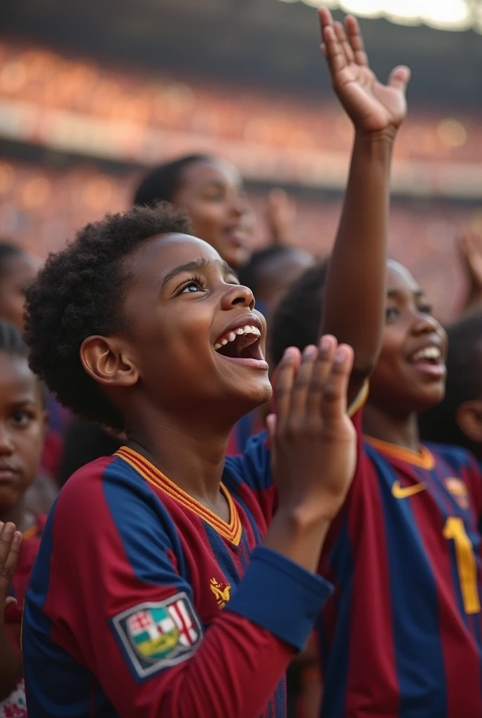 Make a picture of a teenage Arsenal fan holding a Champions League ball inside Arsenal stadium, put melanin in it, and do the taper cut phase, and that he has short curly hair with bangs, Make him more beautiful, make your hair more curly, give it an American cut, Make him more beautiful e faça um corte taper fade nele