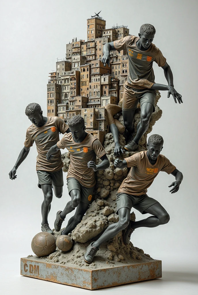 Sand sculpture style, Hero kicking a soccer ball on the football field,color,High-rise buildings,A strong sense of déjà vu