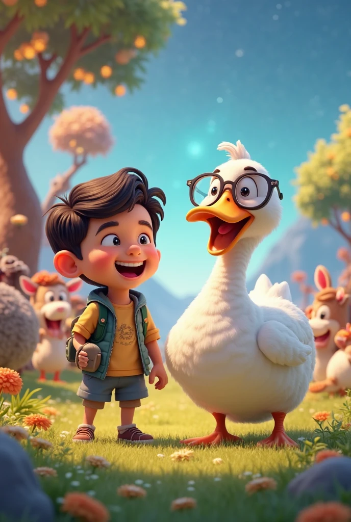 Generate an advertising poster for a Disney-type movie where the title says "simon" And below is a boy with glasses and next to him a goose