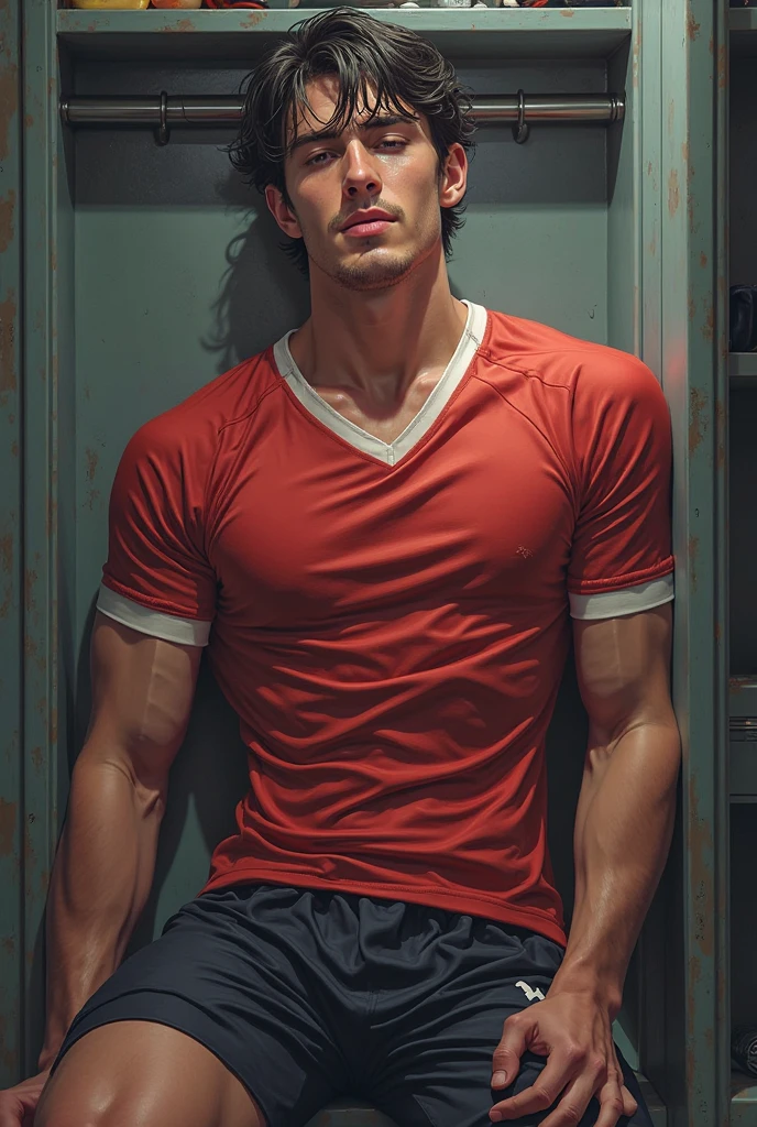 a muscular handsome man, extremely detailed face, perfect face, short hairstyle, looking at viewer romantically, ruby red jacket, black pants, shirtless, ruby necklace, sexy look, smooth skin, riding R15, view from some distance, best quality, 4k, 8k, highres, masterpiece:1.2, ultra-detailed, realistic, photorealistic, photo-realistic:1.37, HDR, UHD, studio lighting, ultra-fine painting, sharp focus, physically-based rendering, extreme detail description, professional, vivid colors, bokeh, portrait, hyperrealistic