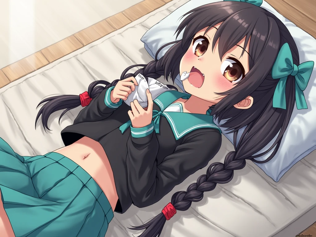 masterpiece, ultra quality, ultra sharp, ultra detailed, 1girl, solo, (((good anatomy))), haduki kurumi, (tattered torn dripping wet white gym shirt), navy gym pants, animal ears, randoseru, name tag, Japanese anime pose, laugh, BurumaShorts, Buruma, Gym Uniform, (((lying:1.4, spread_legs, legspread, split_legs, spreading legs)), (randoseru backpack:1.4), (smug smile), buruma, blue buruma, black buruma, (cameltoe), (tattered torn short sleeve white gym uniform with colored hem), (tiny nipples), (white long loose socks), strong lighting, legspread, bukkake, cum on clothes, cum on legs, cum on buruma, cum on bloomers,