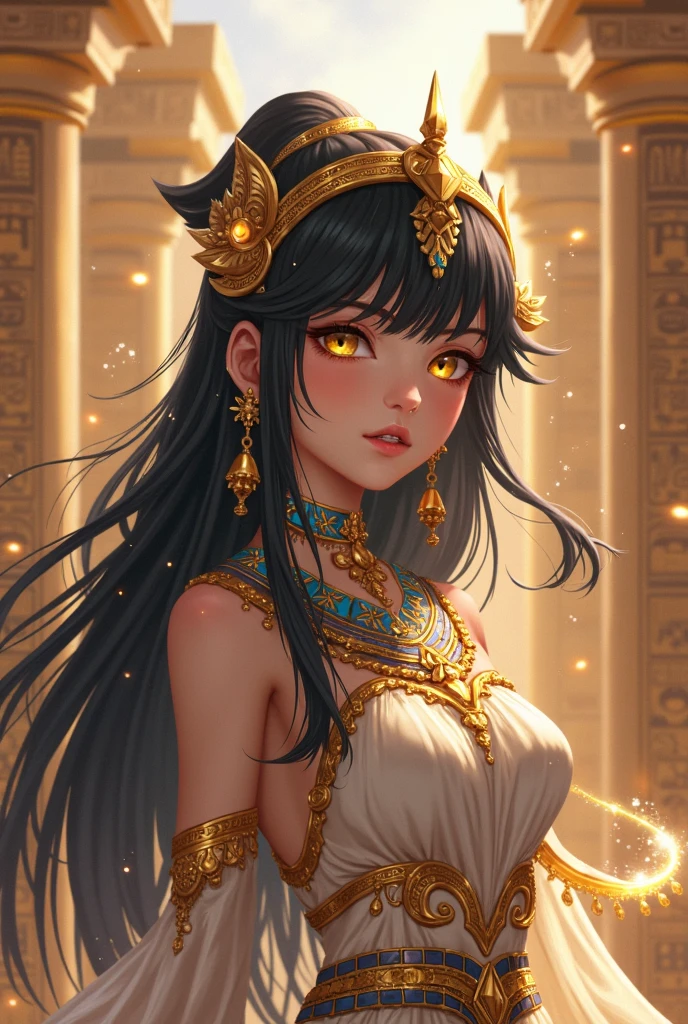 Create an illustration of Hathor, the Egyptian goddess of love, music, and joy. She stands gracefully in an ancient temple adorned with intricate hieroglyphs. Hathor wears a beautiful headdress featuring cow horns and a solar disk, and her flowing gown shimmers in the warm sunlight. Surround her with symbols of beauty and fertility, such as lotus flowers and musical instruments. Her serene and loving expression radiates a divine presence, capturing the essence of her role as a nurturing and joyous deity