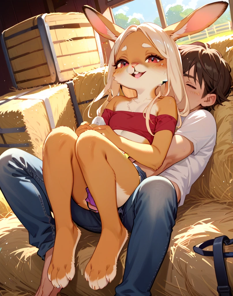 Duo:1.4, kimiko, tan fox, yellow eyes, long blonde hair, black nose, blonde fox tail, furry body, naked, male/female, female on male, kimiko riding a male, sex:3, cowgirl sex position, female riding male, straddling male, complete bodies, two bodies, perfect anatomy, high resolution, fumiko, hyattlen, rear view, low angle shot, she is grinning
