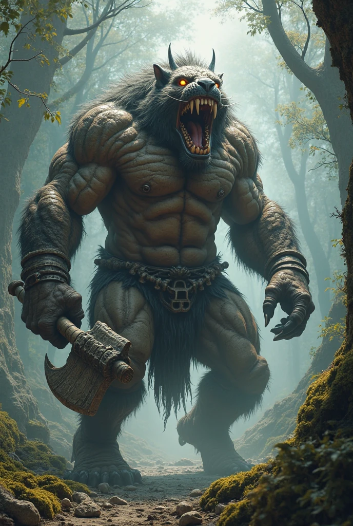 close up:1.3, (masterpiece:1.5),(Best Quality:1.6), (ultra high resolution:1.4), strong and robust ogre, dynamic pose, with shoulder pads and leather bones, large and sharp fangs, leather belt with a skull , loincloth, detailed illustration, Intricate, Idyllic, magical elves in the forest:1.5, landscape, Vibrant colors, sunrise, sun rays passing through the trees, leaves falling from the trees, dew on leaves and plants, clouds, (( magical, beautiful, from another world, trees:1.4 )), (( Best Quality, Vibrant, 32K, clear, well-defined shadows)).(Best Quality,4k,8k,high resolution,masterpiece:1.2),ultra detailed,(realist,photorealist,photo-realist:1.37),Very detailed face,extremely detailed facial features,hyper realist skin texture,extremely fine details,intricate details,detailed eyes,detailed nose,detailed lips,Detailed facial expressions,intricate facial anatomy,intense lighting,Dramatic lighting,changing lighting,cinematic lighting,chiaroscuro lighting,dramatic shadows,Dramatic moments,vivid colors,intense colours,Deep contrast,cinematic depth of field,cinematographic composition,cinematic camera angle