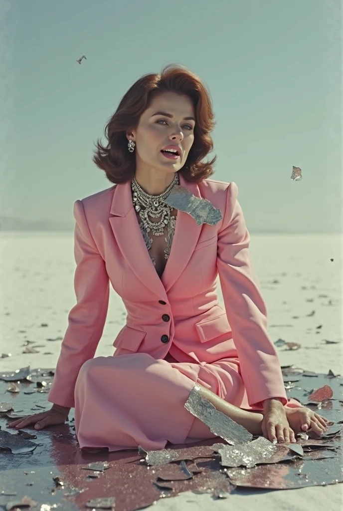 <lora:AlecSoth:1>William Eggleston style realistic portrait photo of beautiful young women sitting alone on wooden chair dressed in all pink and green fur, front shot, sadness, still, daylight, longingly gazing, 100mm-lens, film-grain