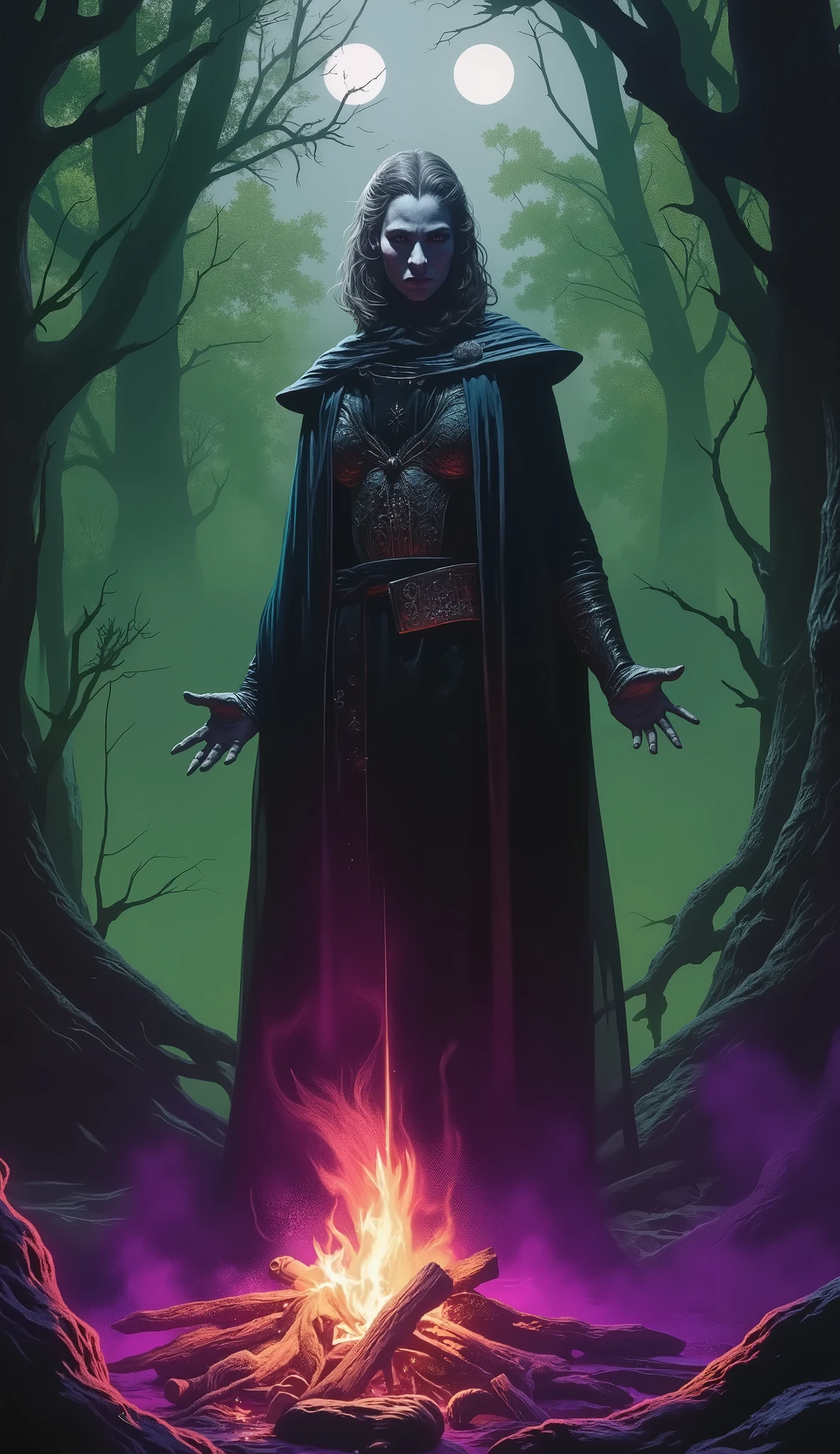 A dark fantasy theme of a female Dark Witch woman in medieval dress, on forest dark spell, in dynamic pose, twin moon in sky, bonfire. Glowing purple green and pink background lighting.