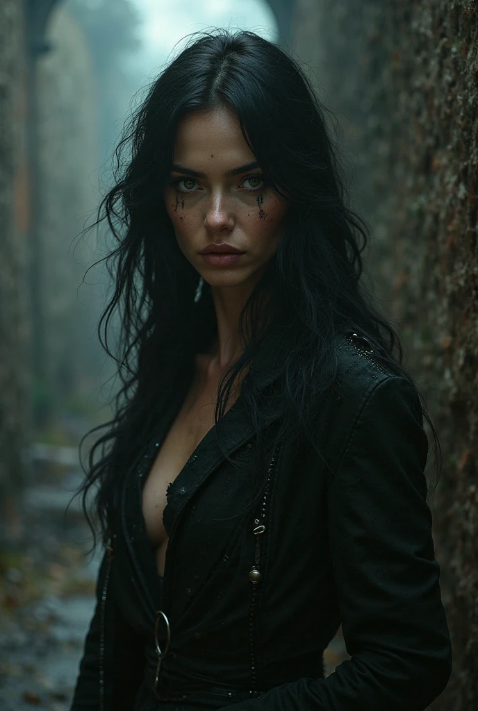cute warrior with big blue eyes and long black hair, She looks like Yennefer from The Witcher, She wears a leather jacket, Background of cemetery at night. , your face is stained with blood and freckles, Her skin is white, and his expression is angry